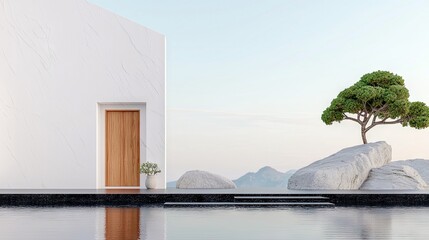 A serene architectural scene featuring a minimalist white building with a wooden door, a reflecting pool, large white rocks, and a bonsai tree against a soft su
