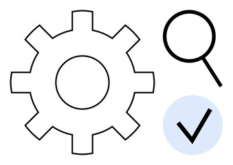 Gear symbolizing process, magnifying glass for analysis, and checkmark for approval. Ideal for workflow, efficiency, productivity, quality, research validation technical systems. Simple flat