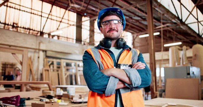 Man, face and carpenter with arms crossed at factory, smile or safety goggles for furniture production. Person, happy and portrait with ppe glasses, excited or confident for manufacturing in workshop