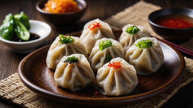 Fork twirl concept, asian dumplings, sushi platter theme