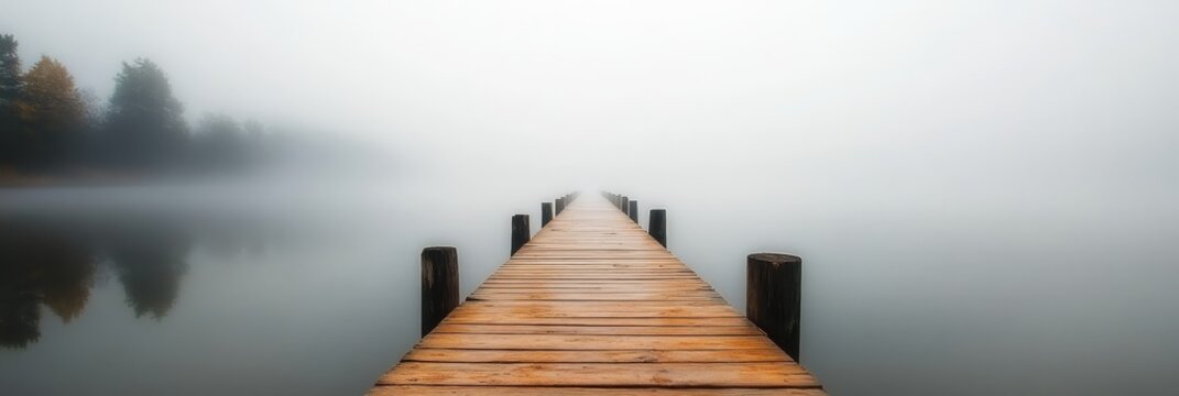 Serene and Picturesque Misty Landscape Featuring a Tranquil Bridge and Foggy Lake Reflections