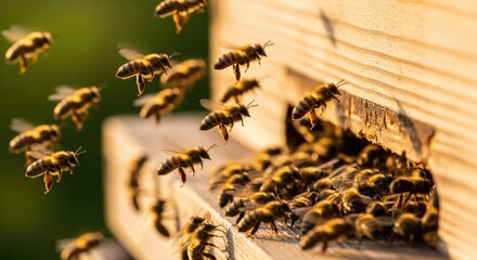 Busy Honeybees Flying Towards Hive Entrance with Pollen Baskets in Golden Sunlight