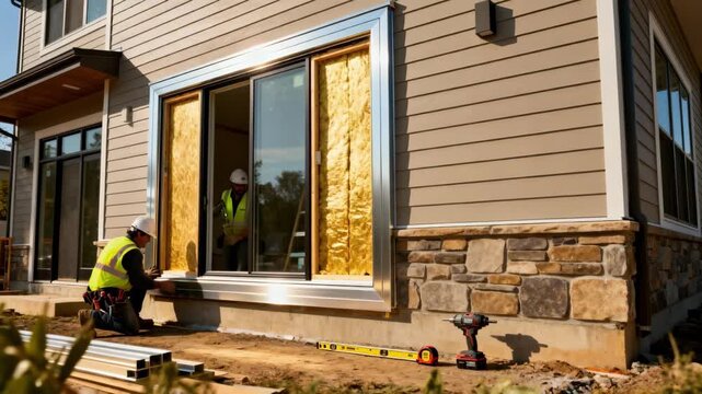 Construction workers fitting customsized window frames to improve thermal performance and elevate exterior aesthetics of a residential building.