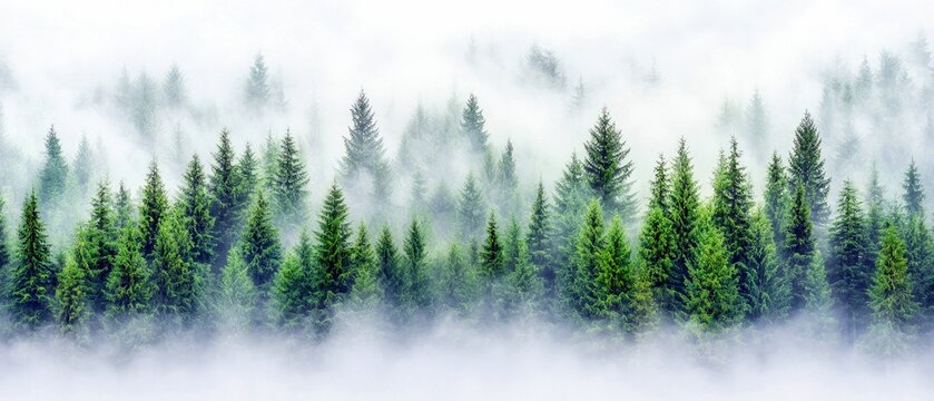 A dense forest of evergreen trees shrouded in thick, ethereal mist. The lush green foliage contrasts with the soft white fog, creating a serene and atmospheric