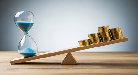 Golden coins on a wooden balance outweigh a blue hourglass, illustrating the critical concept of time's value and smart financial investment decisions