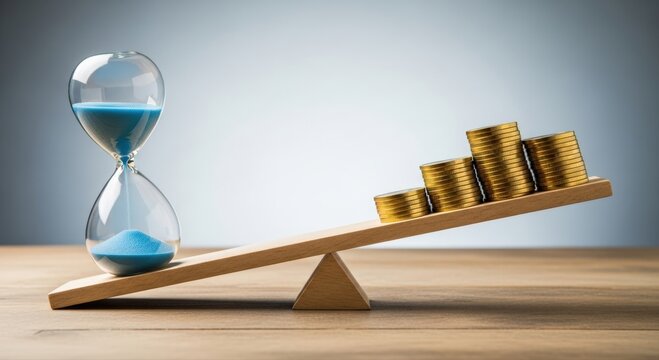 Golden coins on a wooden balance outweigh a blue hourglass, illustrating the critical concept of time's value and smart financial investment decisions