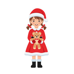 Adorable young girl dressed in a festive Christmas outfit, holding a teddy bear