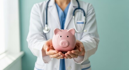 Healthcare professional thoughtfully holds a pink piggy bank, symbolizing crucial savings and financial planning for future medical costs and health insurance