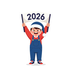 Vibrant illustration of a smiling child in a festive hat and overalls, enthusiastically holding a banner with the year '2026', representing new beginnings and joyful anticipation for the future