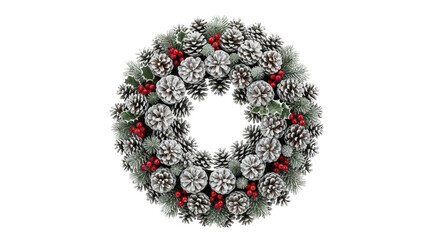 Festive Christmas wreath with red berries and snow-covered pine cones isolated PNG with Transparent Background