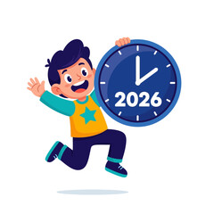 Happy boy jumping with a clock showing the new year 2026. A cheerful cartoon character celebrating the future countdown