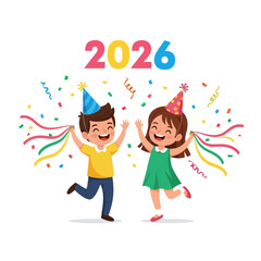 Celebrating 2026 New Year with Joyful Kids in Party Hats and Colorful Confetti