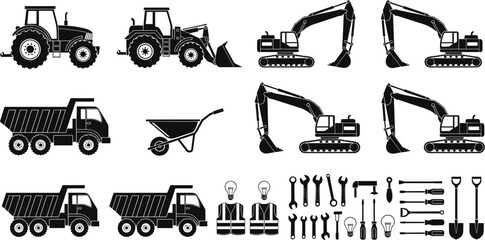 Construction vehicles, heavy machinery, tools and equipment icons set illustrating tractors, excavators, dump trucks and industrial tools for building, engineering and construction projects © Heyyy