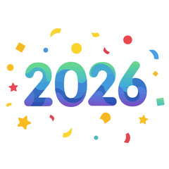 Dynamic and Colorful Year 2026 Celebration Graphic with Festive Confetti and Wavy Gradient Numbers, Perfect for New Beginnings, Seasonal Greetings, and Future Events