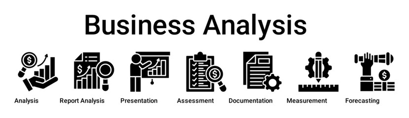 Fototapeta premium Business Analysis banner web icon vector illustration concept for business with icon of Analysis, Report Analysis, Presentation, Assessment, Documentation, Measurement.