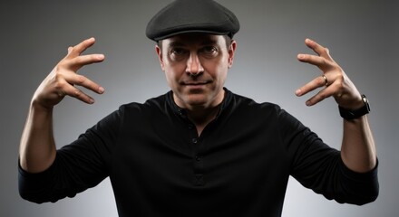 Stylish man wearing a flat cap making dynamic hand gestures against