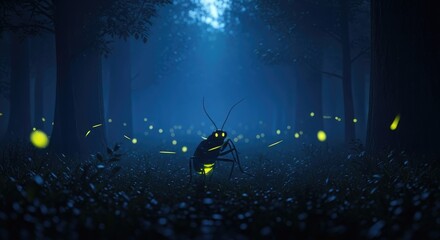 Bioluminescent Firefly Illuminates Dark Enchanted Forest at Night