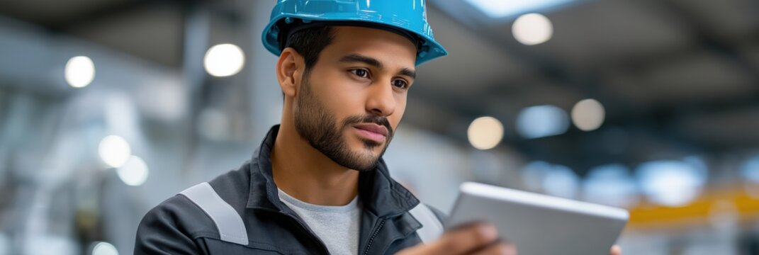 Young hispanic male engineer in blue hard hat using tablet at construction site