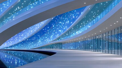 Fototapeta premium An empty, futuristic architectural interior with a curved ceiling illuminated by blue lights and sparkling points, reflecting in a water feature. The space feat