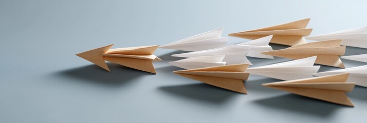 Leadership concept with wooden and white paper planes on blue background