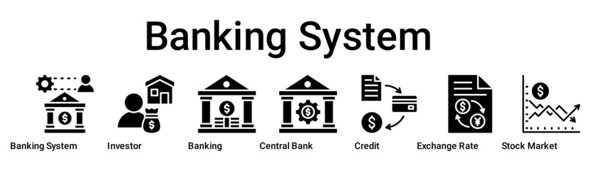 Banking System banner web icon vector illustration concept for business with icon of Banking System, Investor, Banking, Central Bank, Credit, Exchange Rate, Stock.