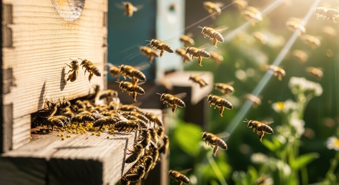 Honey Bees Swarming and Collecting Pollen at Wooden Beehive in Golden Sunlight