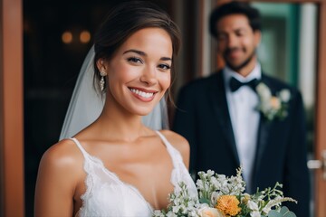 Young hispanic bride smiling in wedding dress with groom blurred in background
