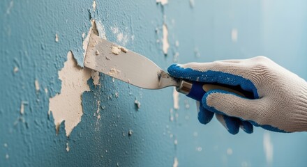 Skilled hand in blue work glove carefully scrapes away peeling paint from a textured wall, preparing for home renovation and a fresh start