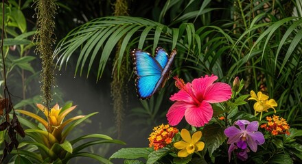 Vibrant Blue Morpho Butterfly Amidst Exotic Tropical Flowers in Misty Rainforest