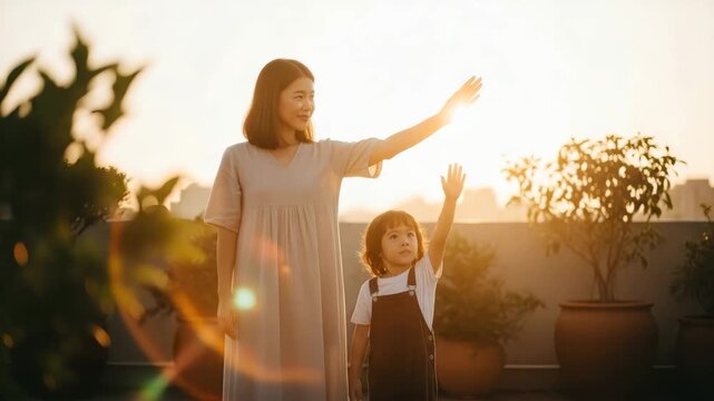 A mother and her young child wave goodbye as the sun sets behind them