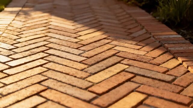 Medium shot focusing on a herringbone brick patio design highlighting the diagonal arrangement of bricks for a dynamic and textured outdoor pathway.