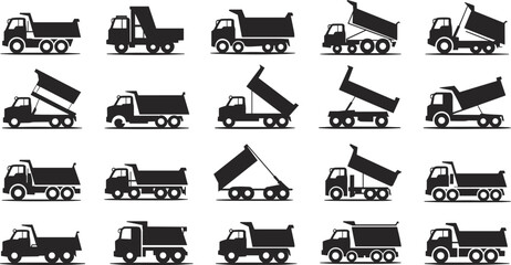 Dump truck icon set, construction vehicle silhouettes, heavy machinery graphics for industrial design, transportation equipment illustration, building and mining operations resources © Heyyy