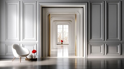 An empty, modern white armchair sits in a minimalist hallway with ornate paneling. A doorway leads to a sunlit corridor with a window and two red roses.
