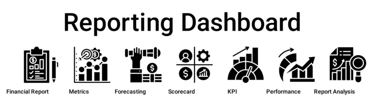 Reporting Dashboard  banner web icon vector illustration concept for business with icon of Financial Report, Metrics, Forecasting, Scorecard, Key Performance Indicator, Business Performance, Report.