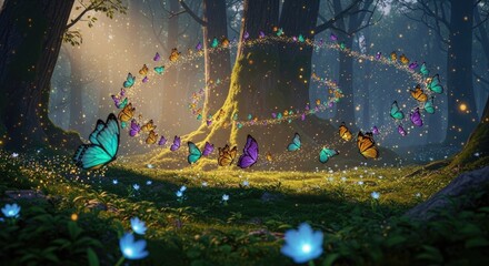 Fantasy Forest Landscape with Luminous Butterflies and Magical Golden Light