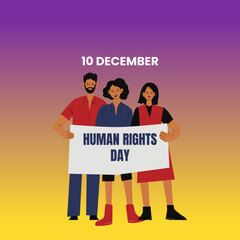 vector design for Human Rights Day, featuring a raised fist, a protest sign, and a megaphone with floral accents.