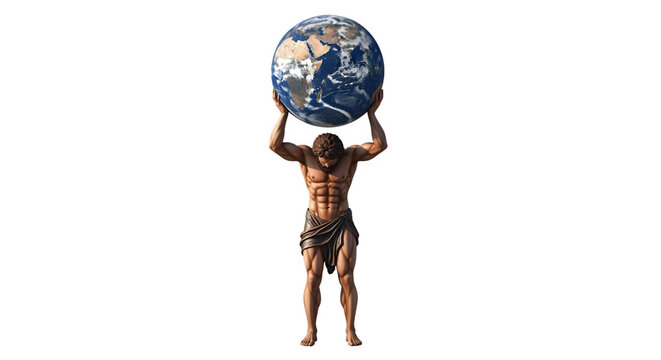 Powerful Atlas figure holding the Earth on his shoulders.