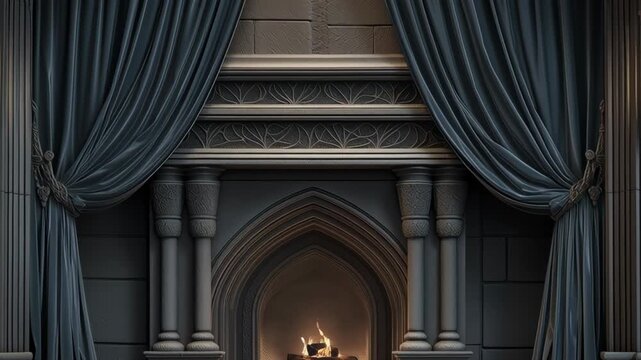 A gothic stone fireplace framed by tall arched columns and heavy curtains glows with warm firelight, creating a dramatic elegant scene with historic charm.