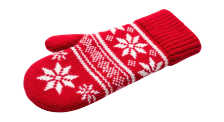 Single Red Knitted Mitten with White Snowflake Pattern for Winter Holiday Design isolated PNG with Transparent Background