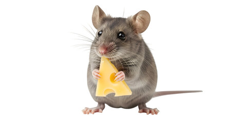 Gray mouse holding a piece of swiss cheese against a black studio background view
