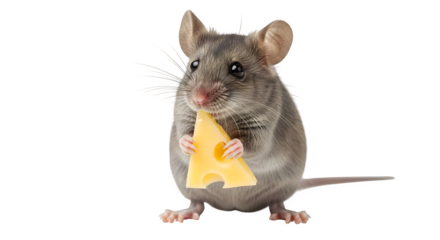 Gray mouse holding a piece of swiss cheese against a black studio background view