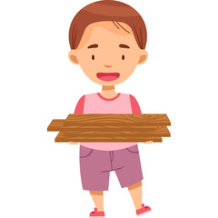Young Boy Holding Stack of Wooden Planks Wearing Pink Shirt and Purple Shorts with White Background and Transparent Background