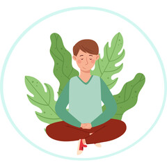 Young Man Meditating Calmly With Eyes Closed Surrounded by Lush Green Leaves Illustration Style Peaceful Aura Gentle Colors