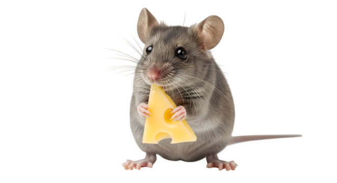 Gray mouse holding a piece of swiss cheese against a black studio background view
