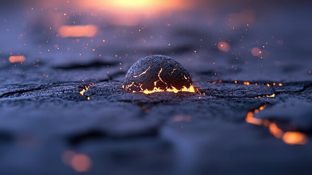 A close-up, abstract view of a dark, cracked surface with a glowing molten rock sphere emerging. Orange lava seeps through cracks and sparks float in the air, i - Powered by Adobe