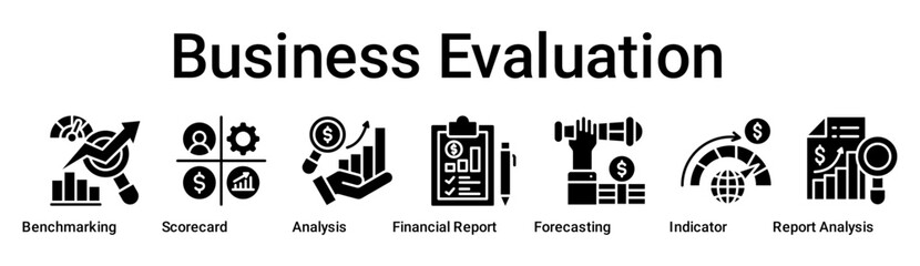Business Evaluation banner web icon vector illustration concept for business with icon of Benchmarking, Scorecard, Analysis, Financial Report, Forecasting, Indicator, Report.