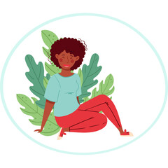 Young African American Woman Relaxed Sitting Pose Wearing Light Blue TShirt and Red Pants Surrounded by Green Leaves and Light Blue Circle Border