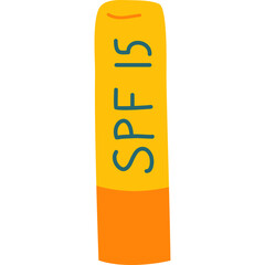 Yellow SPF 15 lip balm tube with orange cap and blue text on a transparent background for sun protection and skincare