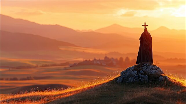 A lone figure in a monk's robe stands on a rocky hilltop, holding a cross against a warm, hazy sunrise over rolling hills and a distant village.