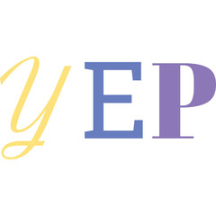 Yellow Script Letter Y Next To Bold Blue Letter E And Purple Letter P On Transparent Background